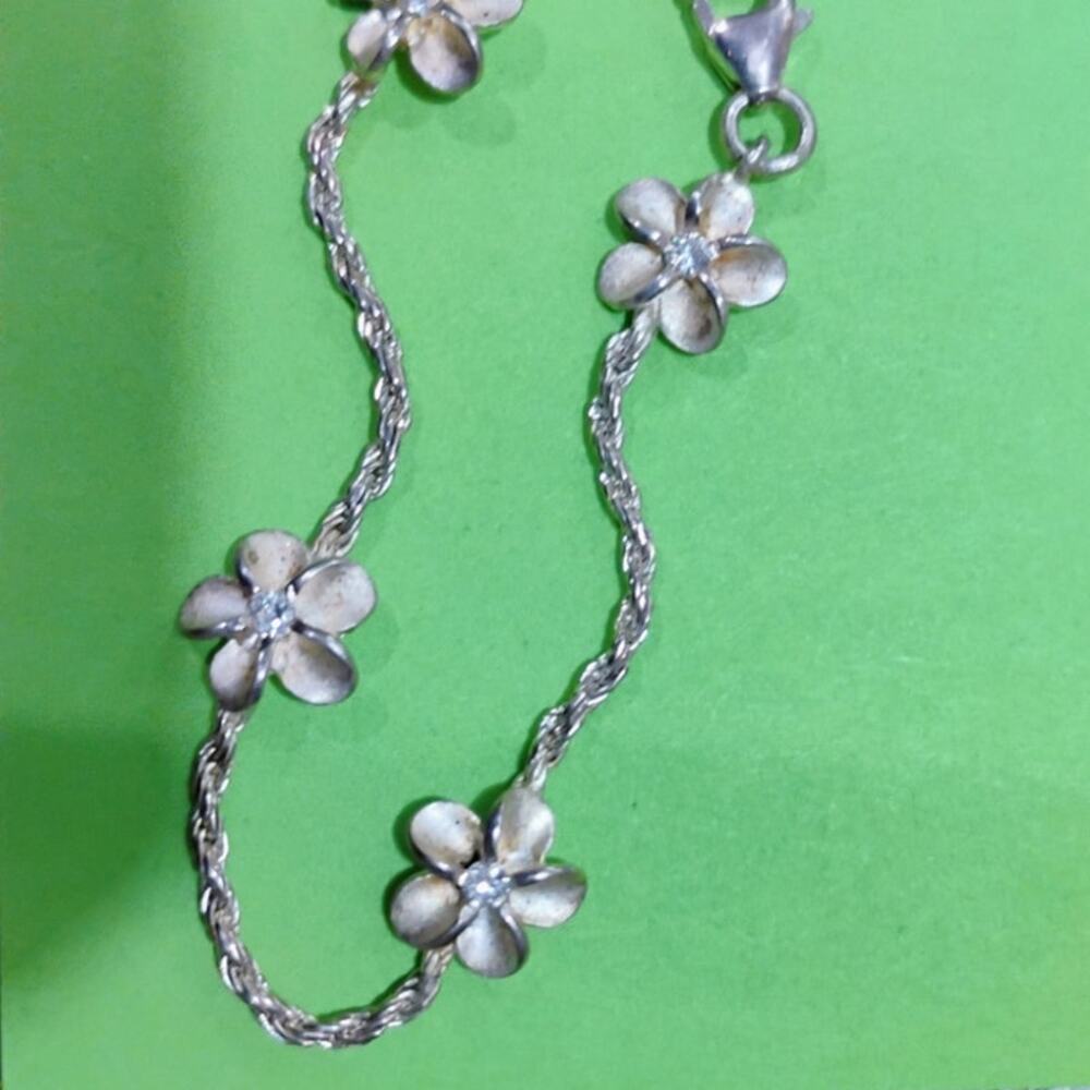 925 Stamped Plumeria Clear Stone Center Bracelet Hawaii